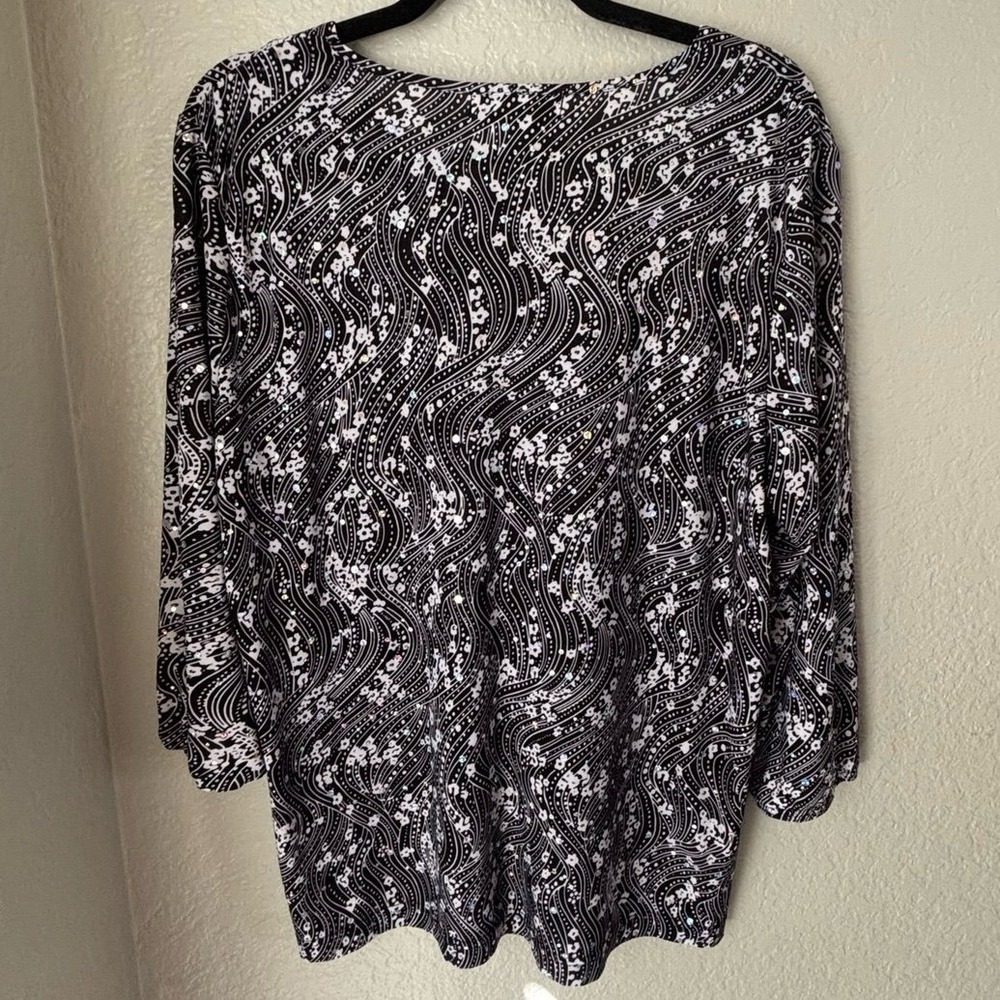 Cathy Daniels Women's L Black/White ¾ Sleeve Blouse‎ Round Neck Sequined - Picture 5 of 10